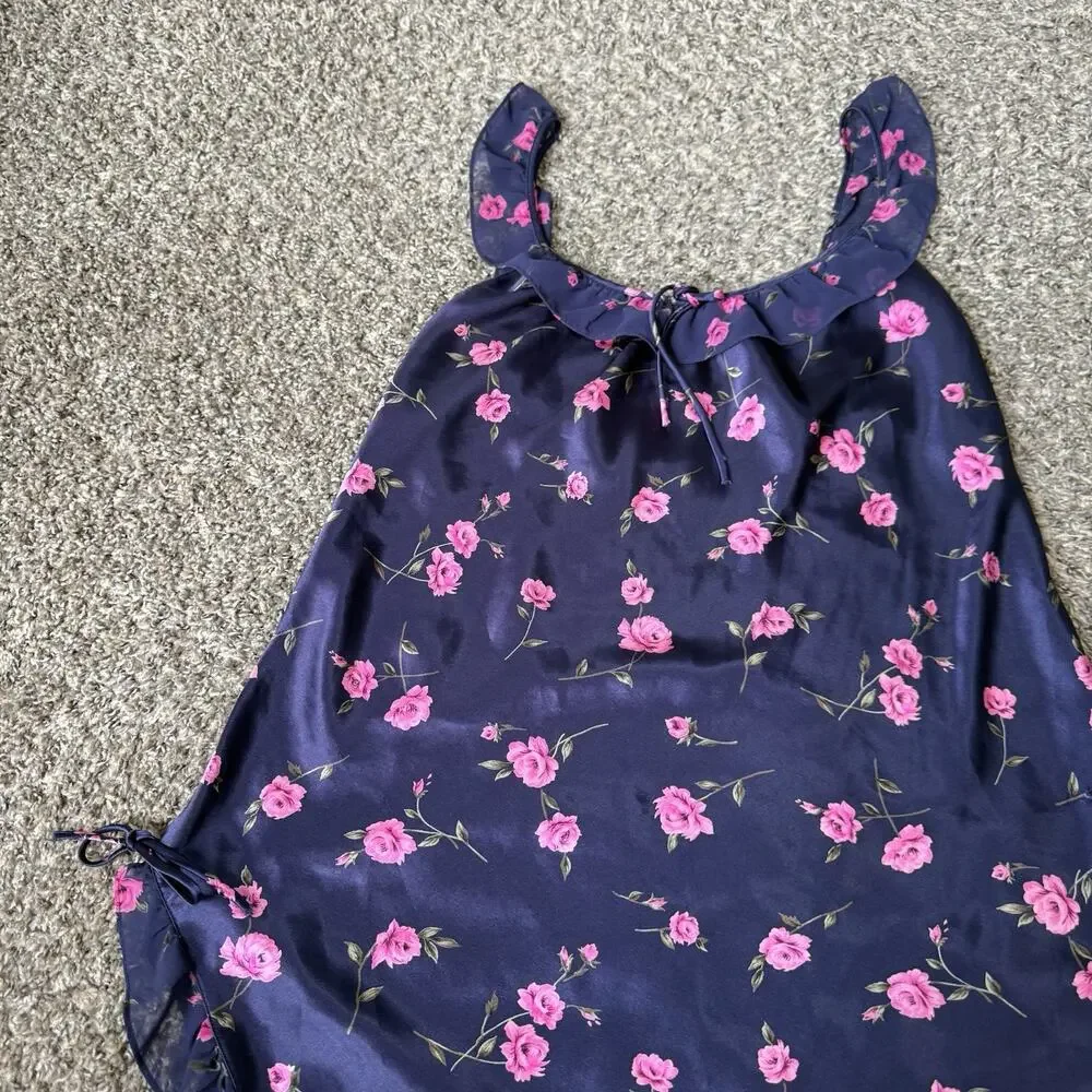 VTG Cinema Etoile Blue Pink Floral Satin Babydoll Lingerie Slip Dress Y2K 90s M
